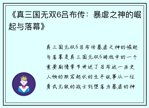 《真三国无双6吕布传：暴虐之神的崛起与落幕》